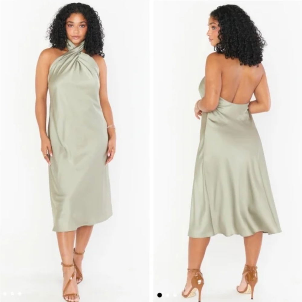 Show Me Your MuMu Jasmine Halter Midi Dress In Green Moss Luxe Satin